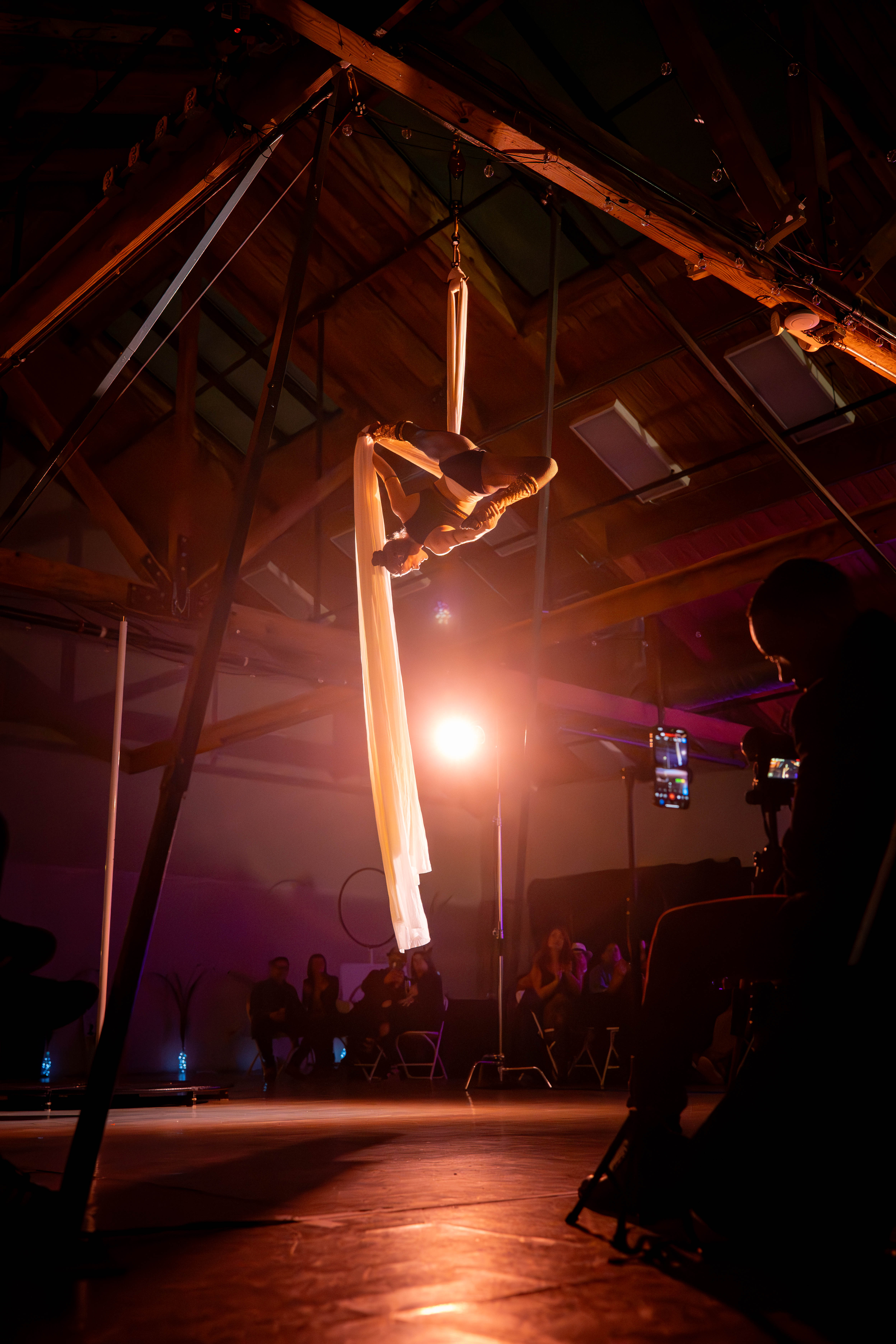 Aerial silks performance — red-lit venue with audience